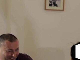 Small-dicked dominatrix humiliates submissive in threesome while examining