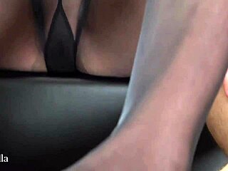 Ella gives intense long footjob in pantyhose