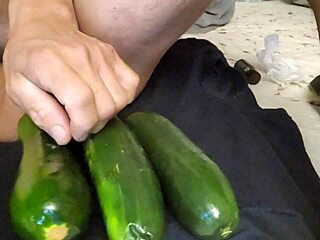 Green zucchini stretches my tight asshole during intense solo play.
