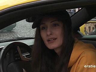 Ersties Milena Drives Yellow Camaro On Highway, Exposing Shaved Pussy And Boobs