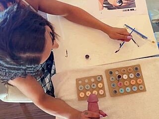 brunette milf gives amateur handjob leading to cumshot on her tits in cfnm setting