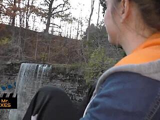 blonde asks 'want blowjob here?' at waterfall.