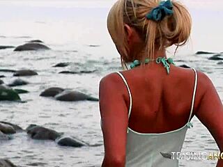 Blonde Teases on Beach, Gets Wet, Strips Naked for Your Hungry Eyes