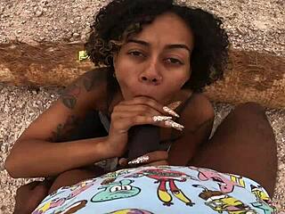 Ebony amateur takes condom off for creampie on morning hike