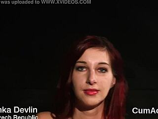 Frisky Peach receives cum load on face, eating spunk.