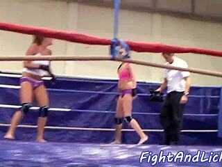 Athletic lezzies wrestling in the boxing ring 💪