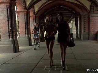 Brunette exhibitionist gets gangbanged in furniture shop, flashing humiliated.