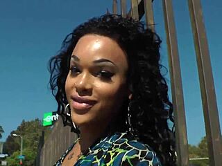 Gorgeous solo ebony tranny shows off her pierced dick