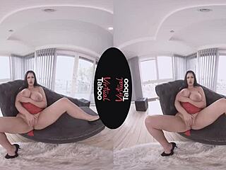 Brunette with big tits and shaved pussy in taboo virtual masturbation session