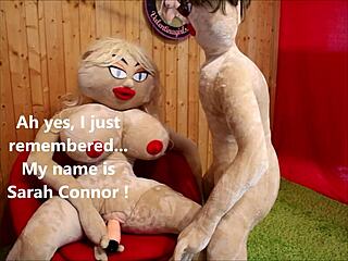 A futuristic sex robot engages in anal intercourse with a life-like doll
