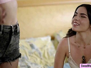 enjoy this steamy lesbian threesome licking on cozy bed