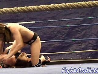 Kinky lesbian babes wrestle hard on the floor for dominance