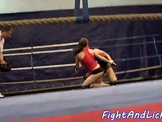 Kinky lesbian babes wrestle hard on the floor for dominance