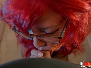 Sexy babe with glasses hides a naughty cum-sucking talent