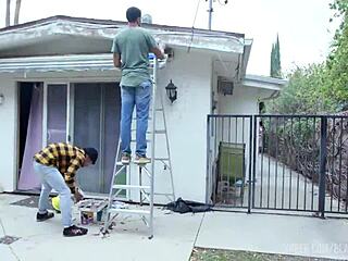 Bella Rolland rides dildo then gets roughly analized by two black workers!