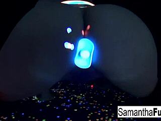 samantha saint strips and rubs in hot black light solo scene