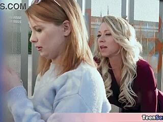 Two Blonde Chicks with Small Tits Pay Bus Fare Using Tight Pussy and Skilled Mouth