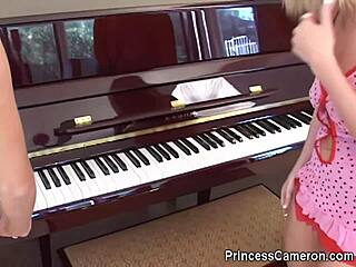 Blonde princesses Cameron and Gia play piano topless, show off their assets