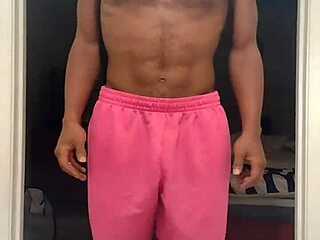 sexy mature woman in stockings and barefoot does solo workout