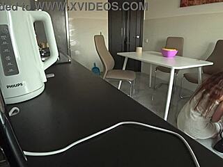 Wife Cheats with Neighbor in Kitchen During Husband's Work