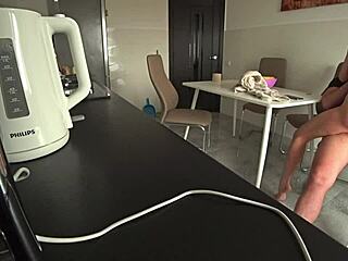 Wife Cheats with Neighbor in Kitchen During Husband's Work