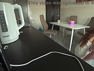 Wife Cheats with Neighbor in Kitchen During Husband's Work