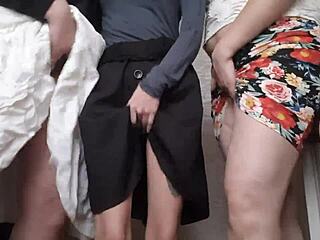 girls achieve six orgasms under skirts in kitchen masturbation session