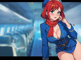 Honeysun's enticing performance as a fiery redhead flight attendant in cosplay