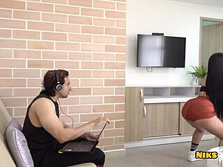 sister-in-law licks brother-in-law's ass then gets her ass and pussy fucked