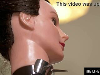 Kinky beauty rubs shaved pussy on mannequin's mouth hard