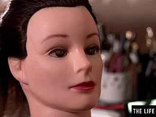 A kinky brunette seductress strips and has her bare genitals rubbing against a mannequin’s mouth.