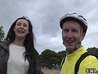 British babe in heels and stockings receives outdoor blowjob and facial