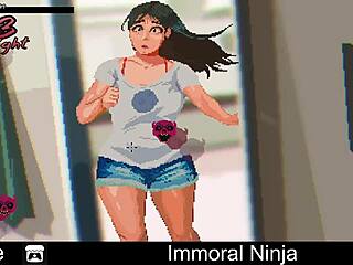 The immoral ninja engages in erotic oral comedy with his partner in the dojo.