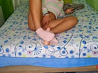 Fucking my pussy with dildo while watching porn on phone