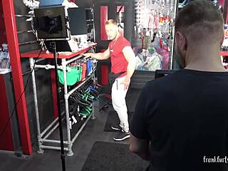 European threesome with deepthroat, rough fucking, and facial in gay store