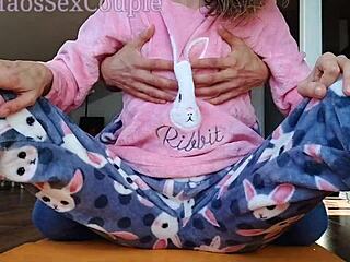 Tiny stepdaughter in pajamas gets teased by stepfather in this family porn video.