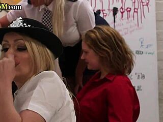 Watch these femdom police milfs jerking gloryhole cocks in a group orgy