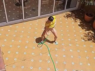 Voyeur watches neighbor pee on landlord's wife outdoors