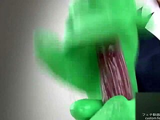 Latex fetish Asian beauty gives a handjob