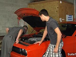 Sexy gay mechanic enjoys garage blowjob