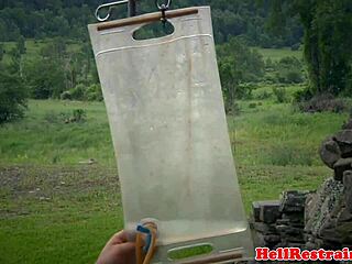 Ginger Sub Bound in Bondage, Punished Outdoors in Garage by Male Dom