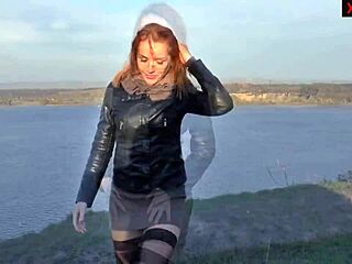 gorgeous lady in stockings triggers wild pussy squirt outdoors