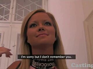 Fashion model with natural tits gives blowjob and gets creampie on sofa during casting interview.