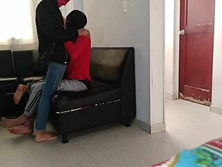 stepsister puts mask on and milks in living room