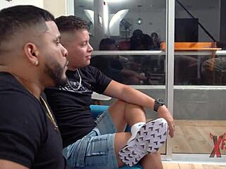 Two hung guys dominate petite 18+ Venezuelan redhead in living room