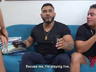 Two hung guys dominate petite 18+ Venezuelan redhead in living room