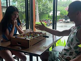 After losing a game, she walks outside with cum on her face sideways