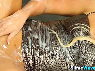 Gloryhole Blonde Fondles Toys and Gets Bukkake