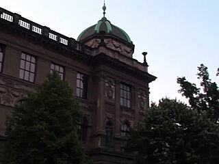 Outdoor sex party with three teens by famous statue
