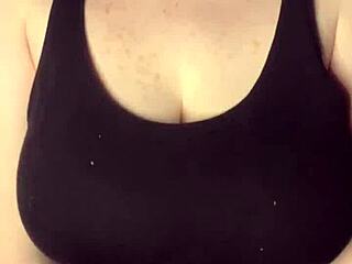 Australian teen model slaps her huge tits on the table